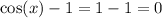 \cos(x) - 1 = 1 - 1 = 0