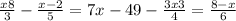 \frac{x+8}{3} - \frac{x-2}{5} = {7x-4}{9} - \frac{3x+3}{4} = \frac{8-x}{6}