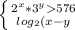 \left \{ {{2^x*3^y> 576} \atop {log_2(x-y)=2}} \right.