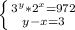 \left \{ {{3^{y} * 2^{x}=972} \atop {y-x=3}} \right.