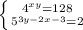 \left \{ {{4^{x+y}=128} \atop { 5^{3y-2x-3}=2}} \right.