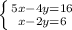 \left \{ {{5x-4y=16} \atop {x-2y=6}} \right.