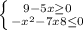 \left \{ {{9-5x\geq 0} \atop {-x^{2}-7x+8\leq 0 }} \right.