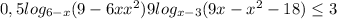 0,5log_{6-x} (9-6x+x^{2} ) + 9log_{x-3} (9x-x^{2} -18) \leq 3