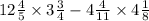 12 \frac{4}{5} \times 3 \frac{3}{4} - 4 \frac{4}{11} \times 4 \frac{1}{8} 