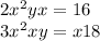 2x {}^{2} + yx = 16 \\ 3x {}^{2} + xy = x + 18