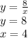 y=\frac{8}{x} \\y=8\\x=4