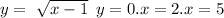 y = \ \sqrt{x - 1} \: \: y = 0.x = 2.x = 5