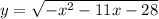 y = \sqrt{-x^{2} -11x-28}