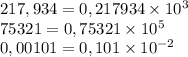 217,934=0,217934\times10^3 \\ 75321=0,75321\times10^5 \\ 0,00101=0,101\times10^{-2}