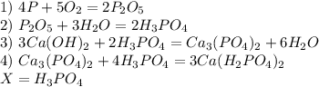 1)\ 4P+5O_2=2P_2O_5\\2)\ P_2O_5+3H_2O=2H_3PO_4\\3)\ 3Ca(OH)_2+2H_3PO_4=Ca_3(PO_4)_2+6H_2O\\4)\ Ca_3(PO_4)_2+4H_3PO_4=3Ca(H_2PO_4)_2\\X=H_3PO_4