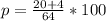 p = \frac{20+4}{64}*100% = 37.5%