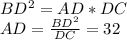 BD^2=AD*DC \\ AD=\frac{BD^2}{DC}=32