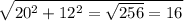 \sqrt{20^{2}+12^{2}=\sqrt{256}=16