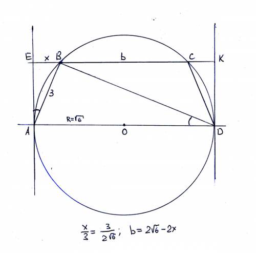 Трапеция вписана в окружность, диаметр которой является основанием трапеции и равен 2 кореньиз 6. на