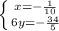 \left \{ {{x=-\frac{1}{10}} \atop {6y=-\frac{34}{5}}} \right.