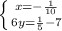 \left \{ {{x=-\frac{1}{10}} \atop {6y=\frac{1}{5}-7}} \right.