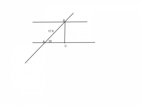 Прямая, пересекая две параллельные прямые, образует угол 30 градусов. длина отрезка между параллельн
