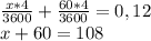 \frac{x*4}{3600}+\frac{60*4}{3600}=0,12\\ x+60=108