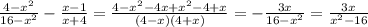 \frac{4-x^2}{16-x^2} - \frac{x-1}{x+4}= \frac{4-x^2-4x+x^2-4+x}{(4-x)(4+x)}=-\frac{3x}{16-x^2}=\frac{3x}{x^2-16} 