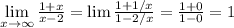 \lim\limits_{x\to\infty}\frac{1+x}{x-2}=\lim\frac{1+1/x}{1-2/x}=\frac{1+0}{1-0}=1