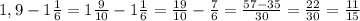 1,9-1\frac{1}{6}=1\frac{9}{10}-1\frac{1}{6}=\frac{19}{10}-\frac{7}{6}=\frac{57-35}{30}=\frac{22}{30}=\frac{11}{15}