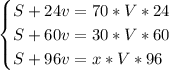 \begin{cases} S+24v=70*V*24 \\S+60v=30*V*60\\ S+96v=x*V*96 \end{cases}