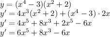 \\y=(x^4 - 3)(x^2 + 2)\\ y'=4x^3(x^2+2)+(x^4-3)\cdot2x\\ y'=4x^5+8x^3+2x^5-6x\\ y'=6x^5+8x^3-6x\\ 