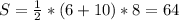 S=\frac{1}{2}*(6+10)*8=64