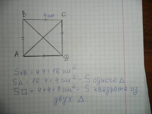 Постройте квадрат abcd со стороной 4 см и провидите в нём отрезки ac и bd чему ровна площадь каждого