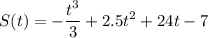 \displaystyle S(t)=- \frac{t^3}{3}+2.5t^2+24t-7 