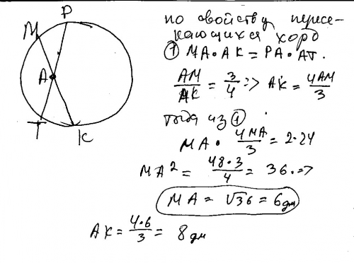 Хорды мк и рт пересекаются в точке а. найдите ам, если ар= 2 дм, ат =24 дм, ам: ак= 3: 4.