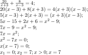 \frac{20}{x+3}+\frac{8}{x-3}=4;\\20(x-3)+8(x+3)=4(x+3)(x-3);\\ 5(x-3)+2(x+3)=(x+3)(x-3);\\5x-15+2x+6=x^2-9;\\7x-9=x^2-9;\\ 7x=x^2;\\x^2-7x=0;\\x(x-7)=0;\\ x_1=0; x_2=7; x0; x=7