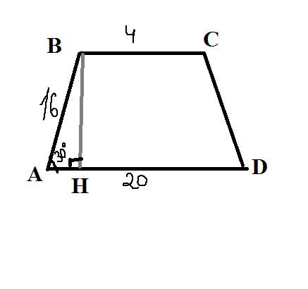 Вычислите площадь трапеции abcd с основаниями ad и bc,если ad =20 см,bc=4см,ав=16 см и угол а равен 