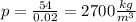 p=\frac{54}{0.02}=2700\frac{kg}{m^3}