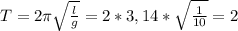 T=2\pi\sqrt{\frac{l}{g}}=2*3,14*\sqrt{\frac{1}{10}}=2