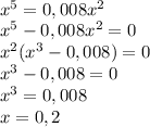 \\x^5=0,008x^2\\ x^5-0,008x^2=0\\ x^2(x^3-0,008)=0\\ x^3-0,008=0\\ x^3=0,008\\ x=0,2 