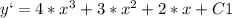 y`= 4*x^3 + 3*x^2 +2*x + C1 