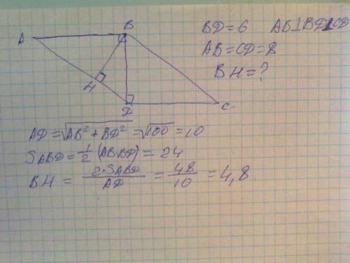 Впараллелограмме меньшая диагональ равная 6 перпендикулярна меньшей стороне равной 8, найдите высоту
