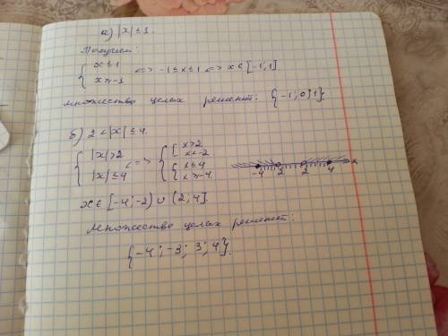 Найди множество целых решений неравенства: а) |x|< (или=) 1 б) |x| > 1; в) 2 < |x| < (ил