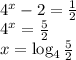 \\4^x-2=\frac{1}{2}\\ 4^x=\frac{5}{2}\\ x=\log_4\frac{5}{2}\\