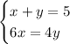 \\\begin{cases}x+y=5\\6x=4y\end{cases}