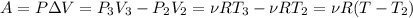 A=P\Delta V=P_3V_3-P_2V_2=\nu R T_3-\nu R T_2=\nu R(T-T_2)