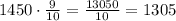 1450\cdot\frac{9}{10}=\frac{13050}{10}=1305