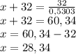 x+32=\frac{32}{0,5303}\\x+32=60,34\\x=60,34-32\\x=28,34