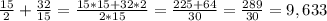 \frac{15}{2} + \frac{32}{15} = \frac{15*15 + 32*2}{2*15} = \frac{225+64}{30} = \frac{289}{30} =9,633