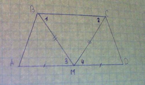 Середина m основания ad трапеции abcd равноудалена от концов другого основания. докажите, что трапец