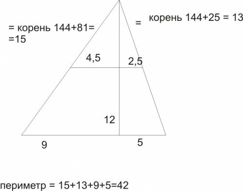 Высота треугольника равна 12 см и делит среднюю линию , перпендикулярную ей , на отрезки 4.5 см и 2.