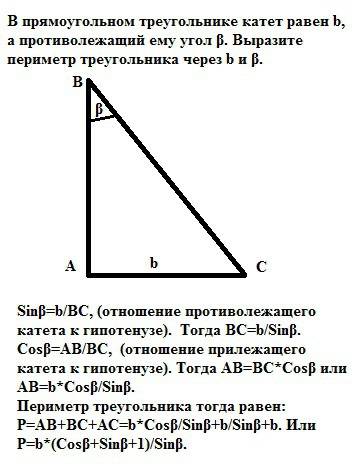 Впрямоугольном треугольник катет равен b, а противолежащий ему угол β. выразите периметр треугольник