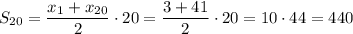 S_{20}=\dfrac{x_1+x_{20}}{2}\cdot20=\dfrac{3+41}{2}\cdot20=10\cdot44=440